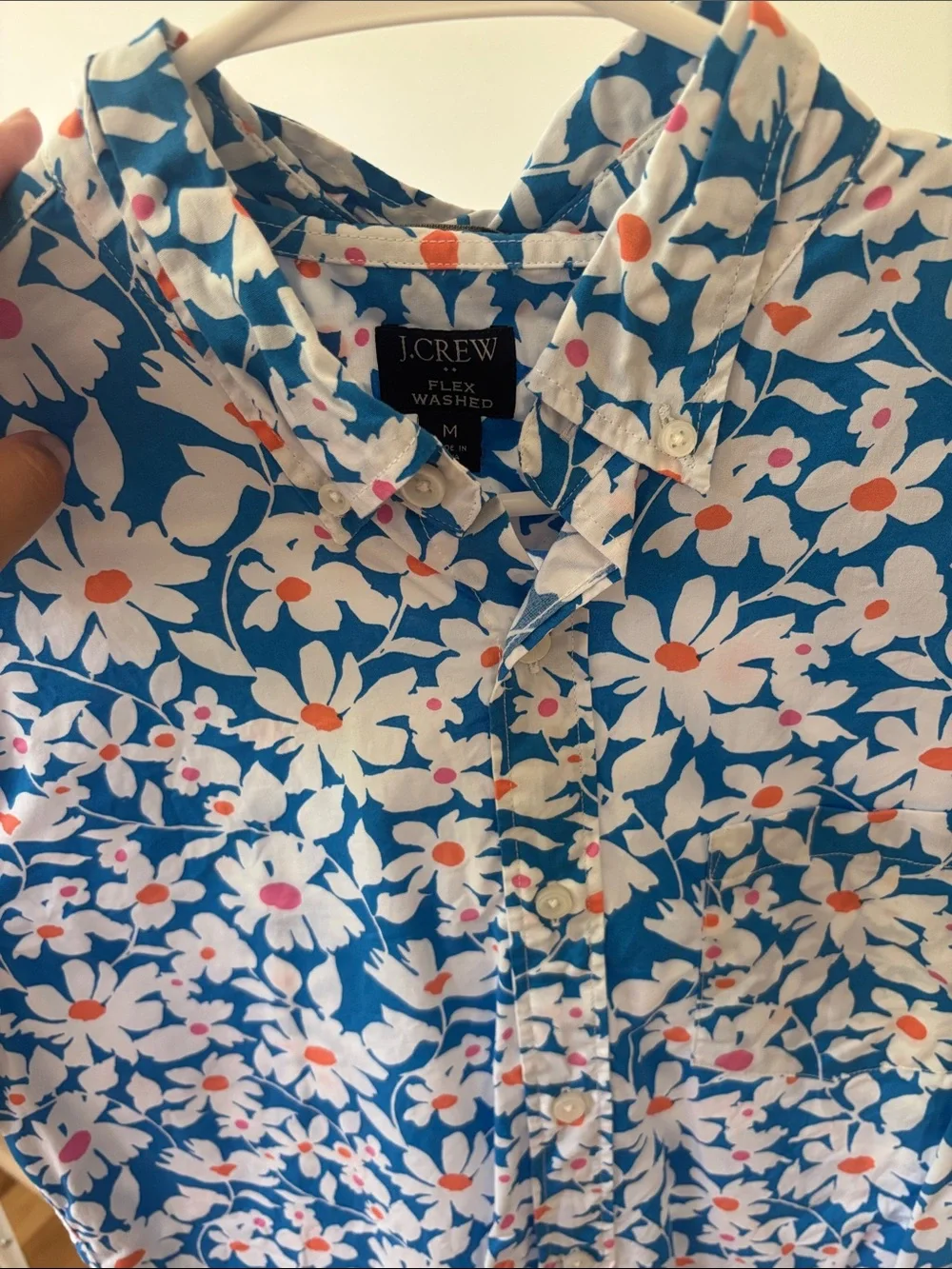 J. Crew Blue Floral Short-Sleeve Button-Down Shirt with White Flowers